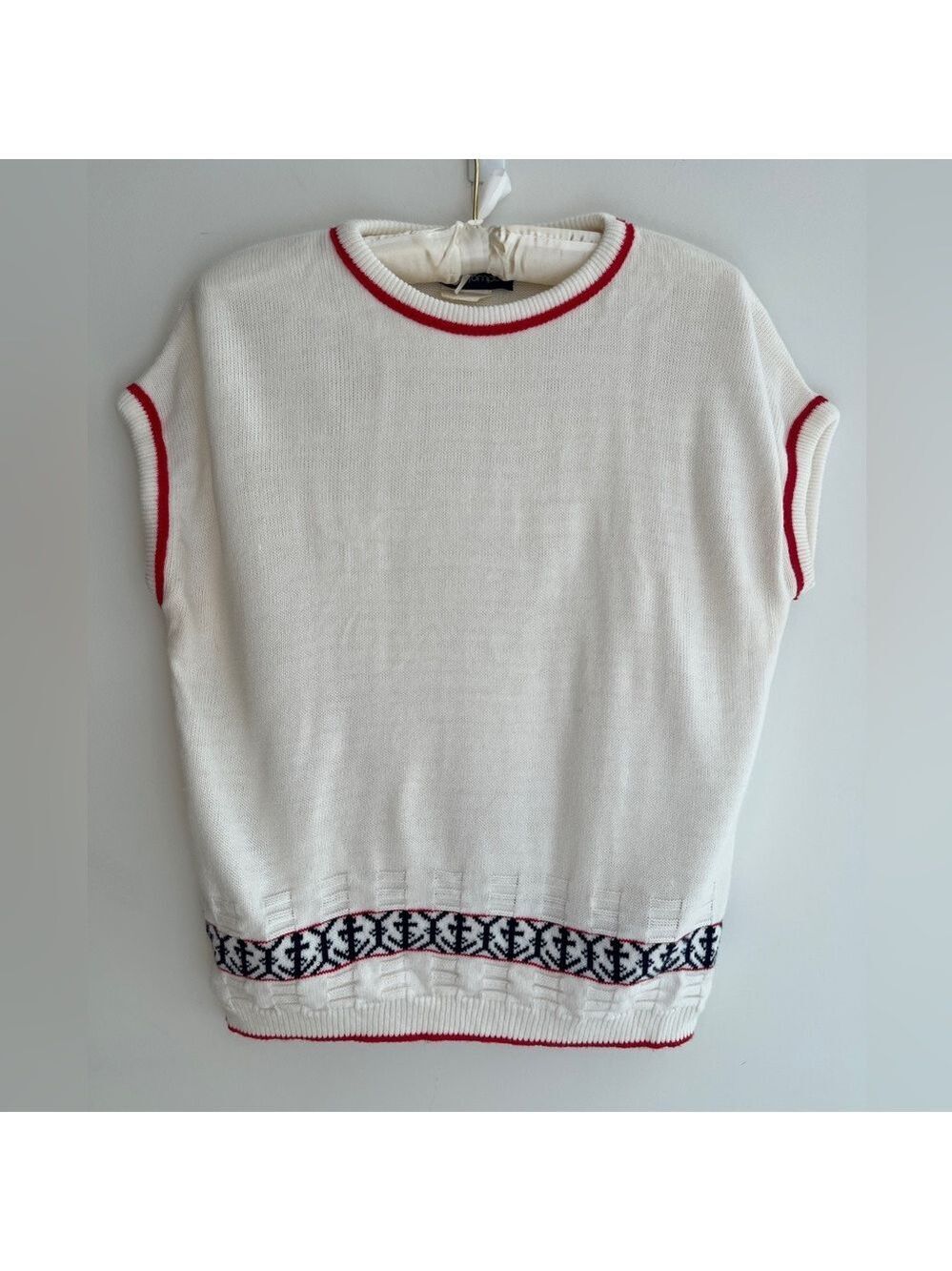 VINTAGE Impromptu Cap Sleeve Knit Sweater Nautical Theme Anchor Pattern Preppy